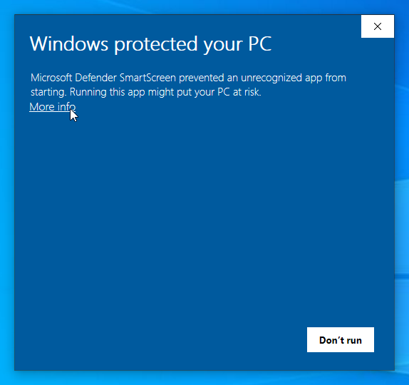 Windows blocking the launch of a Cinecred installer; click "More info"